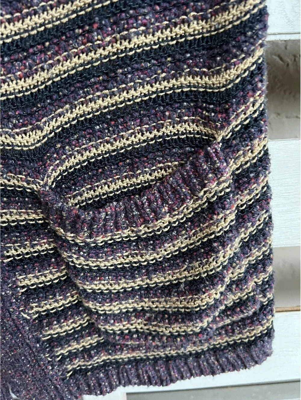 Lucky Brand Striped Pockets Long Cardigan Sweater  Purple Cream Size M.